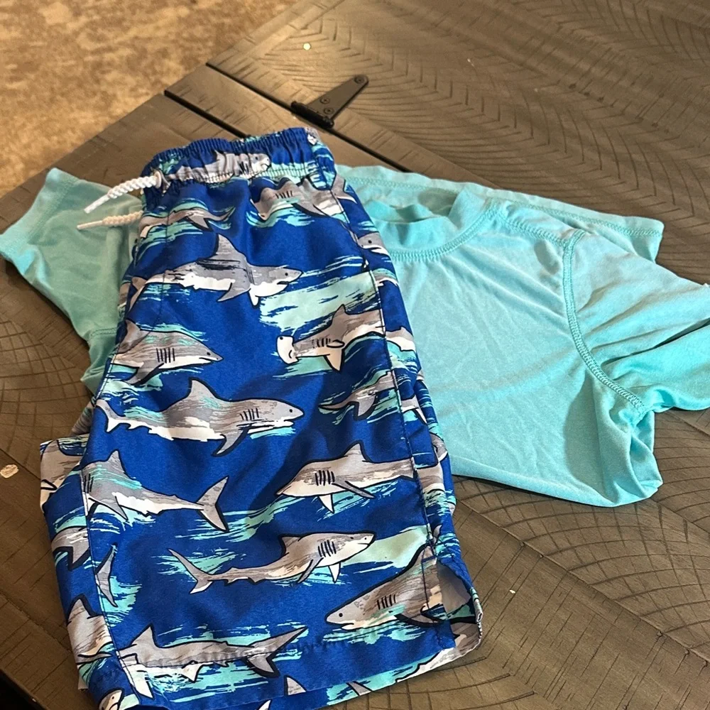 Set Bathing Suit and Rash guard Swim Shirt SPF Aqua and Blue Shark